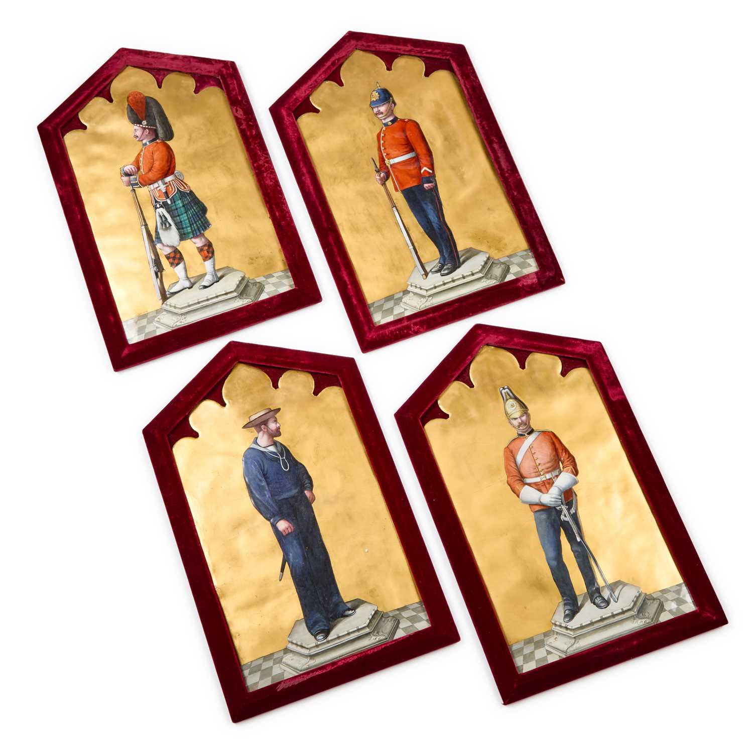 Lot A RARE SET OF FOUR ENAMEL MILITARY PLAQUES, 19TH CENTURY