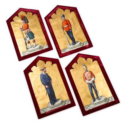 Lot 814 - A RARE SET OF FOUR ENAMEL MILITARY PLAQUES, 19TH CENTURY