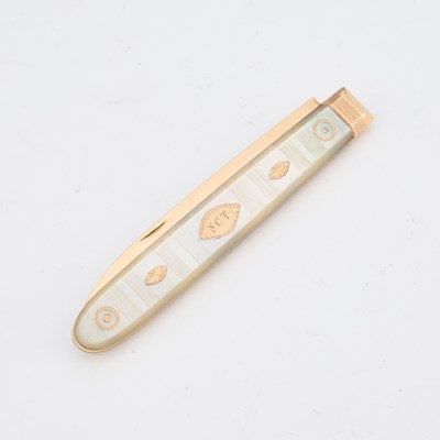 Lot A GOLD AND MOTHER-OF-PEARL FRUIT KNIFE