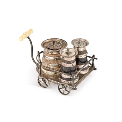 Lot 457 - A VICTORIAN SILVER AND OAK CRUET CART