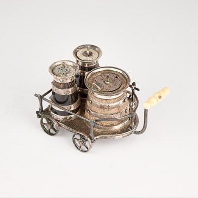 Lot A VICTORIAN SILVER AND OAK CRUET CART