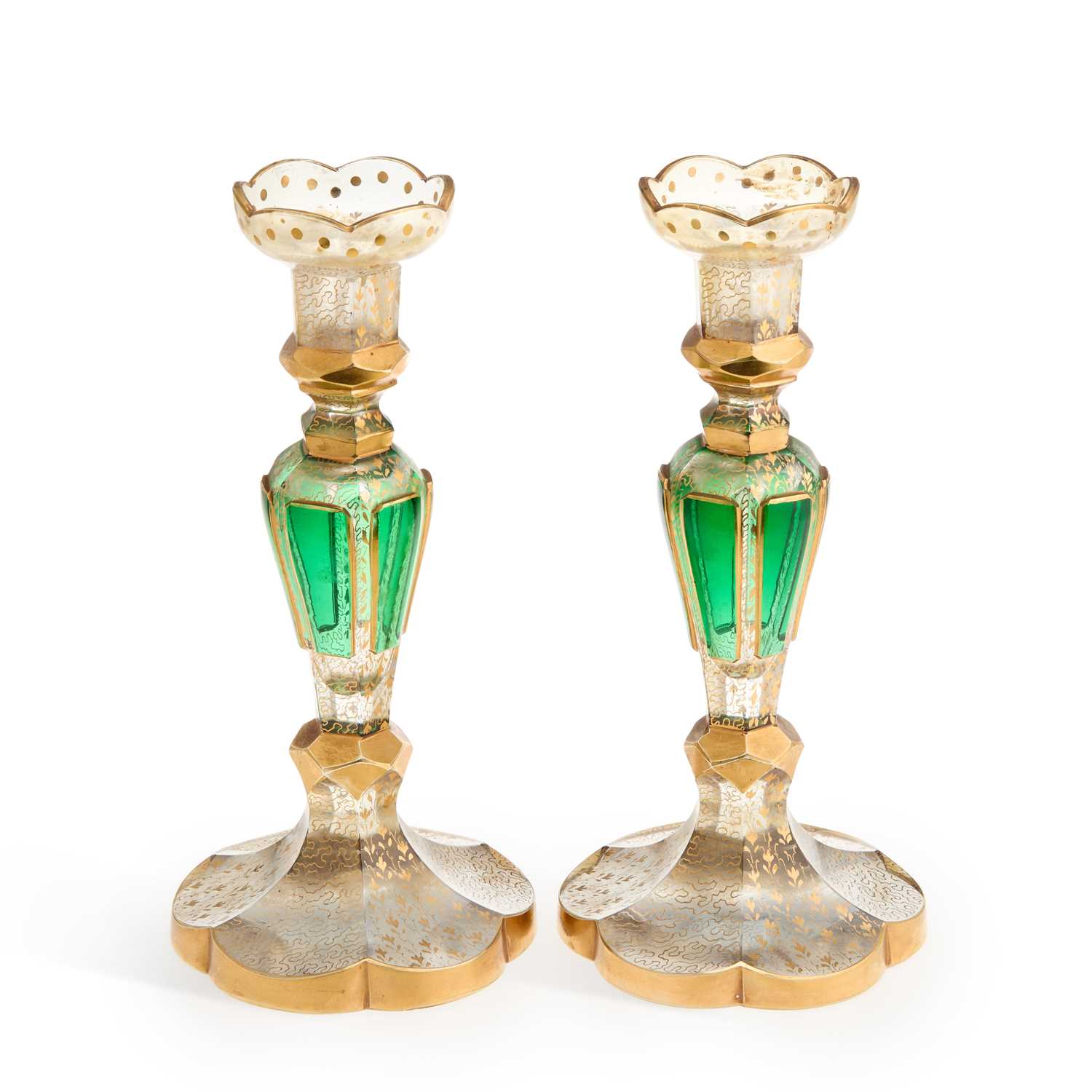 Lot A PAIR OF BOHEMIAN OVERLAY GLASS CANDLESTICKS
