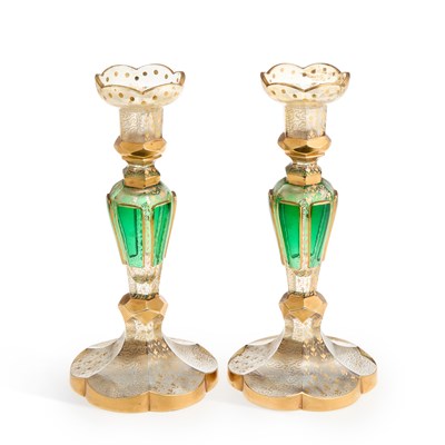 Lot 72 - A PAIR OF BOHEMIAN OVERLAY GLASS CANDLESTICKS