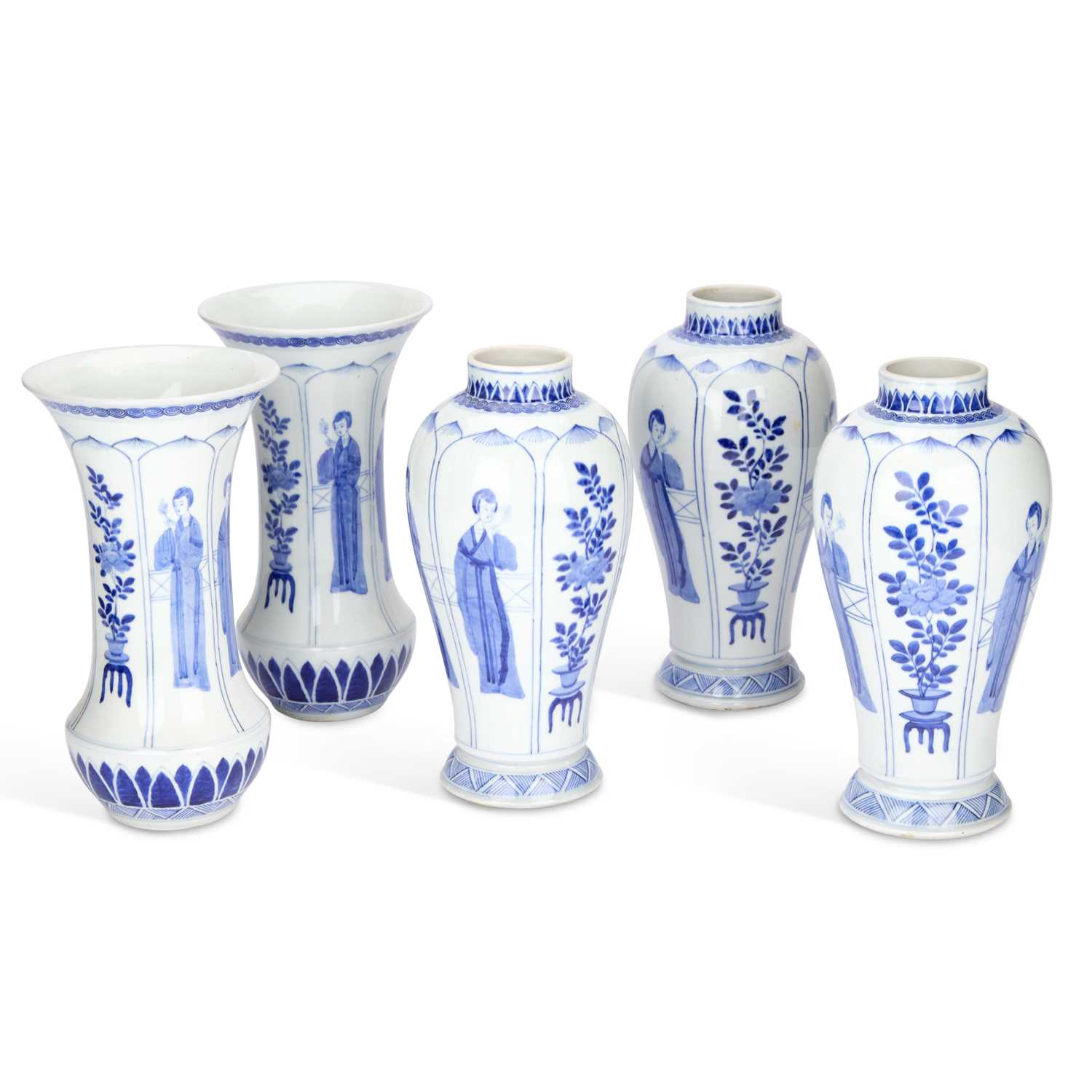 Lot A GROUP OF FIVE BLUE AND WHITE 'FIGURAL' PORCELAIN VASES
