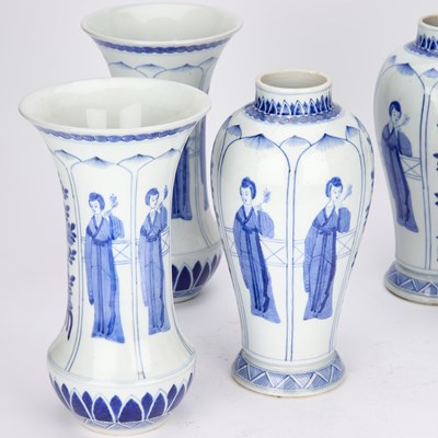 Lot A GROUP OF FIVE BLUE AND WHITE 'FIGURAL' PORCELAIN VASES