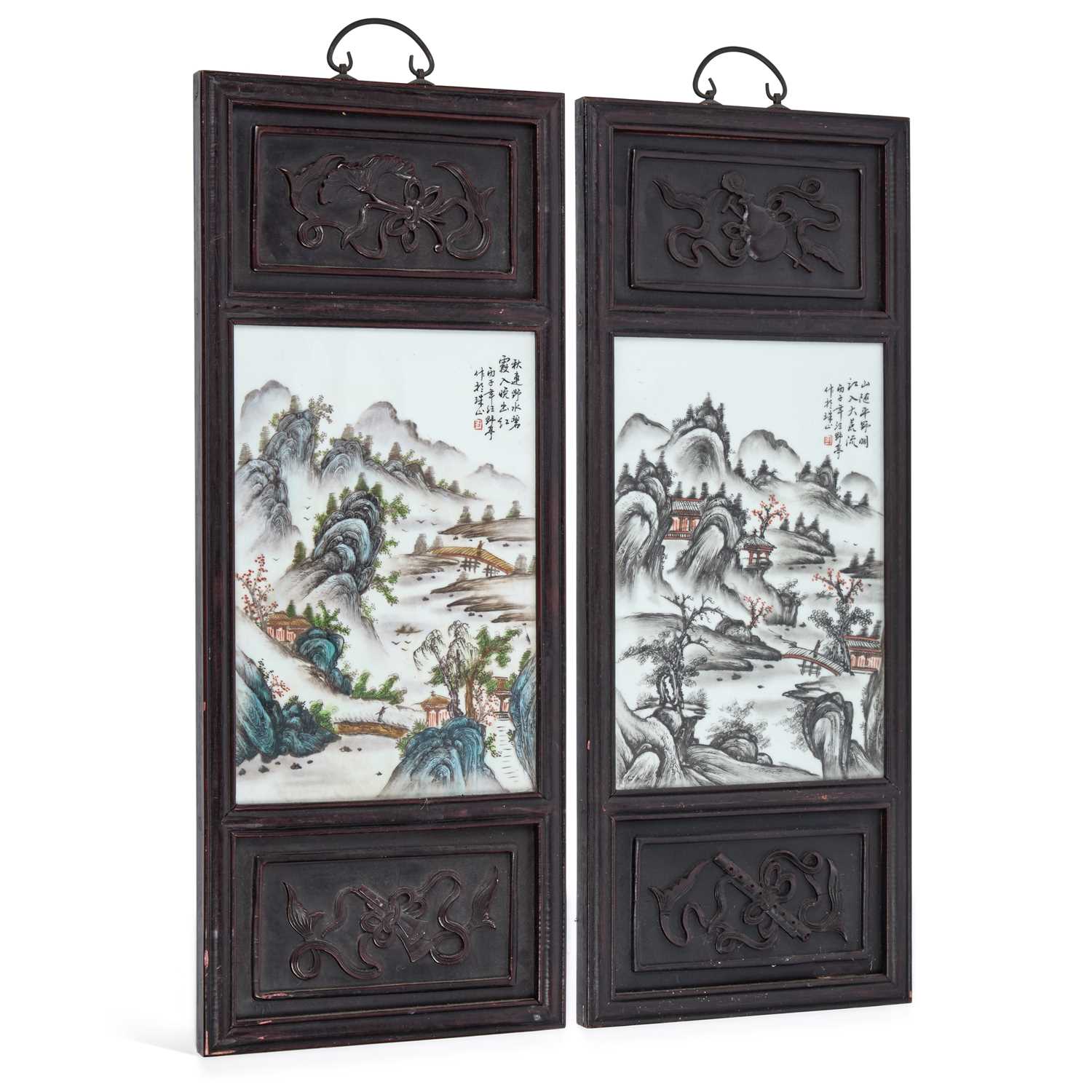 Lot A PAIR OF CHINESE HARDWOOD AND PORCELAIN WALL PANELS