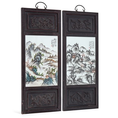 Lot 522 - A PAIR OF CHINESE HARDWOOD AND PORCELAIN WALL PANELS