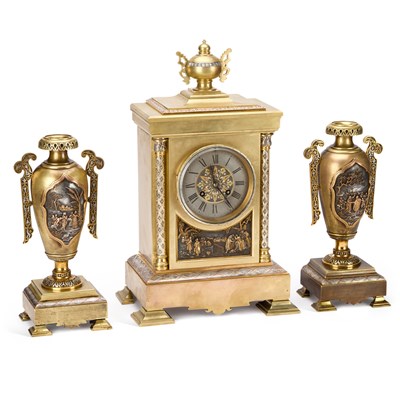 Lot 975 - A FRENCH BRASS THREE-PIECE CLOCK GARNITURE
