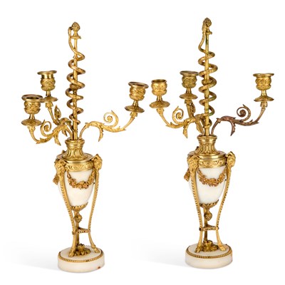 Lot 845 - A PAIR OF ORMOLU AND WHITE MARBLE THREE-LIGHT CANDELABRA