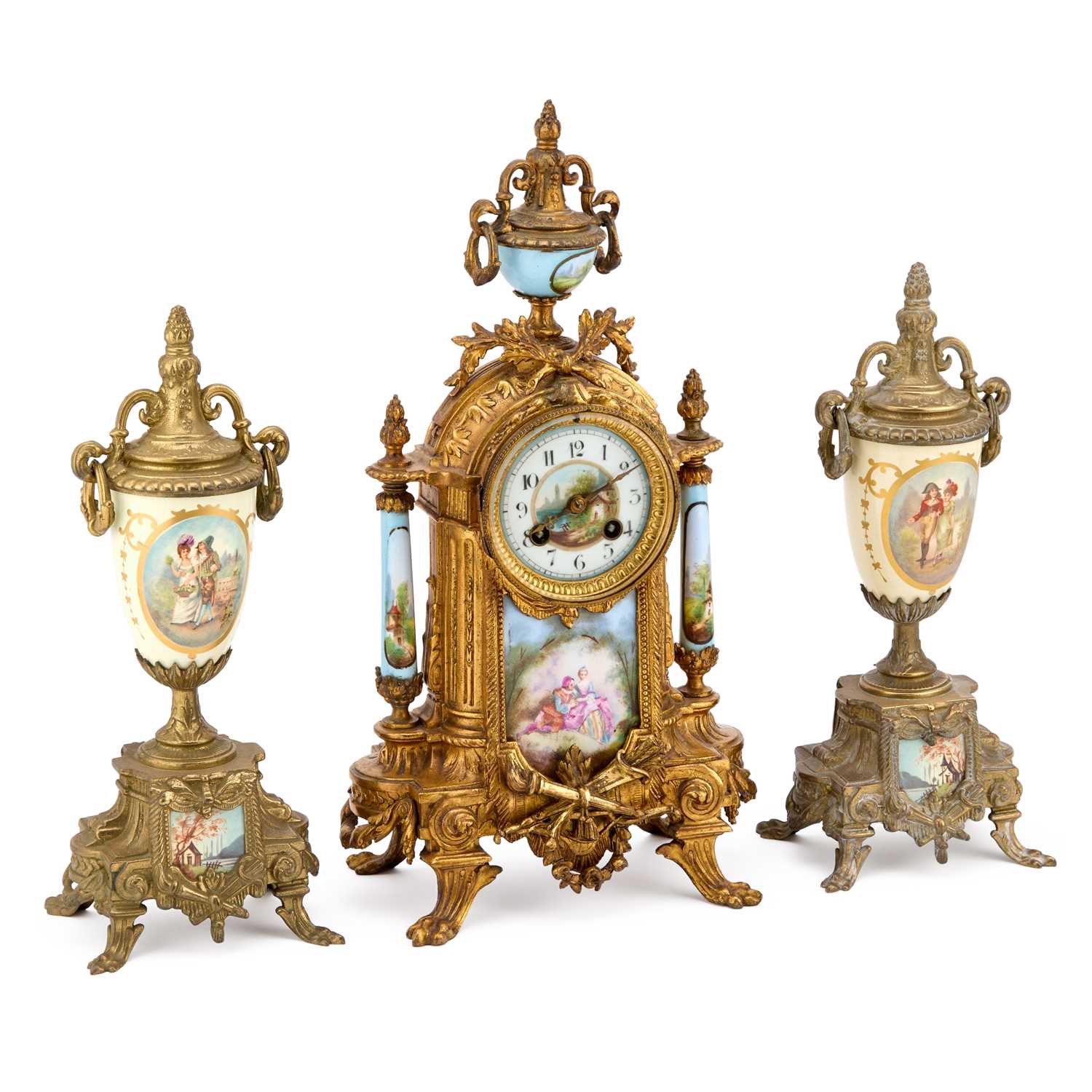 Lot A FRENCH GILT-METAL AND PORCELAIN THREE-PIECE CLOCK GARNITURE