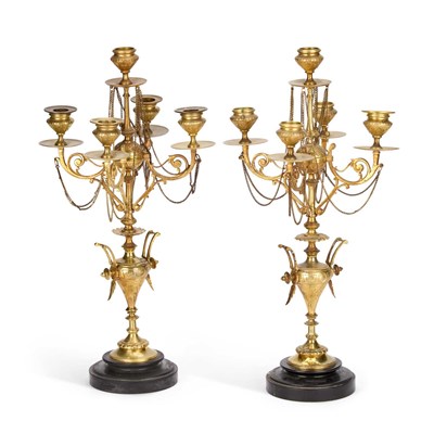 Lot 159 - A PAIR OF VICTORIAN BRASS FIVE-LIGHT CANDELABRA