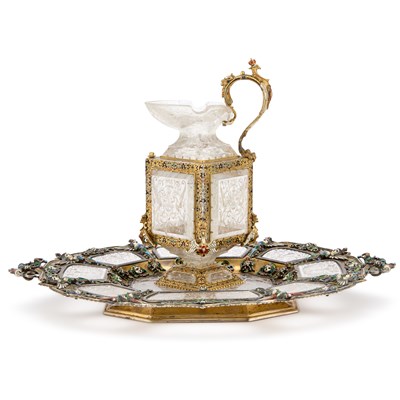 Lot 786 - A FINE VIENNESE SILVER, ENAMEL AND ROCK CRYSTAL EWER AND TRAY