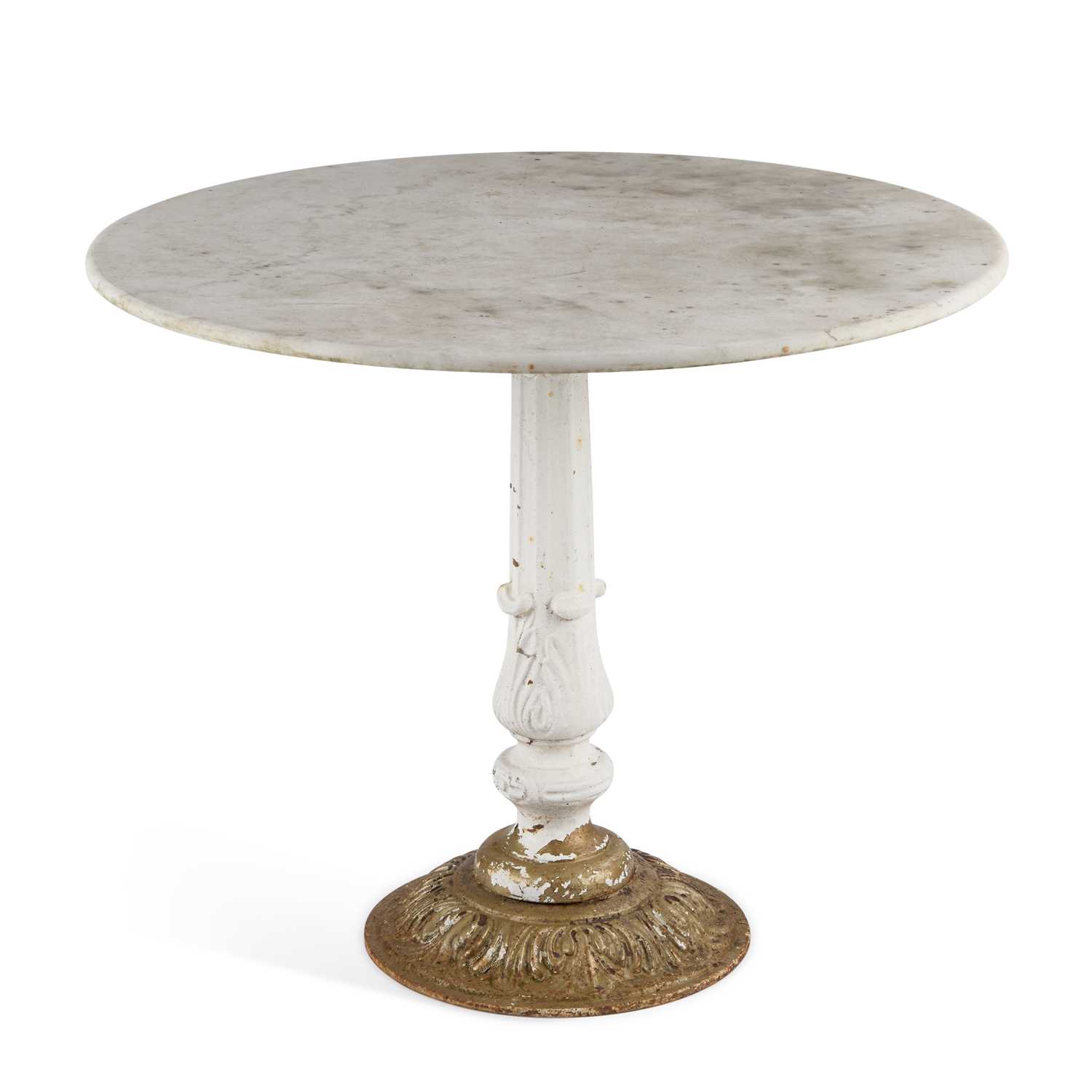 Lot A CIRCULAR MARBLE-TOPPED CAST IRON GARDEN TABLE