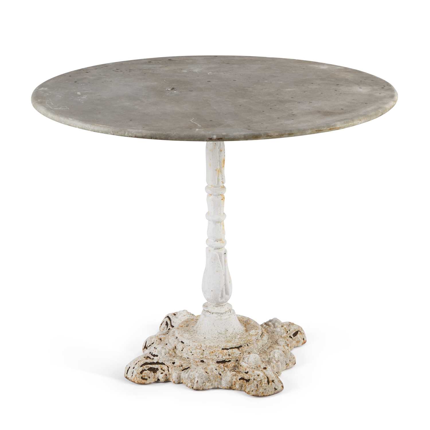 Lot A CIRCULAR MARBLE-TOPPED CAST IRON GARDEN TABLE