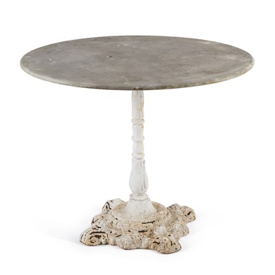 Lot 943 - A CIRCULAR MARBLE-TOPPED CAST IRON GARDEN TABLE
