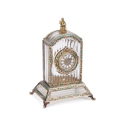 Lot 757 - A VIENNESE SILVER AND ROCK CRYSTAL CLOCK