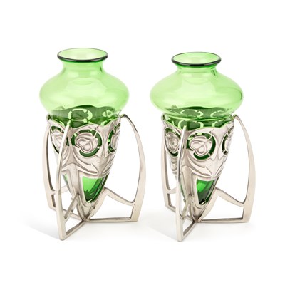 Lot 176 - ARCHIBALD KNOX (1864-1933) FOR LIBERTY & CO, A PAIR OF TUDRIC PEWTER VASES, C.1900