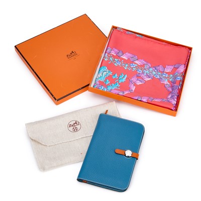 Lot 57 - A HERMES 'DOGON' LEATHER WALLET AND A HERMES SILK SCARF